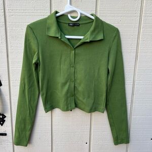 ZARA bright green, long-sleeve, collared‎ button-up shirt